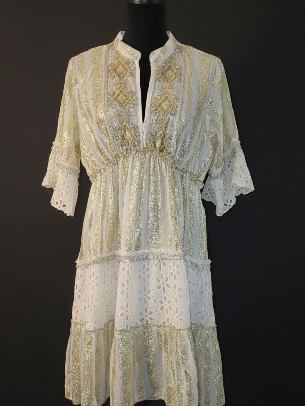 Women’s Embroidered V-Neck White & Gold Tiered Dress